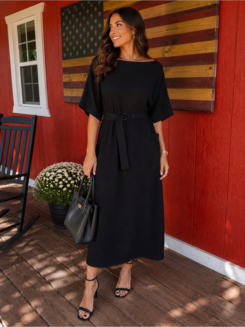 Mango Black Off-Shoulder Belted Midi Dress